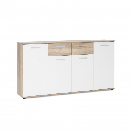 Dulapuri birou/bibliorafturi - Comoda cu 2 sertare, 4 usi, 160x85x35 cm, stejar sonoma/alb, pentru dormitor, living, hol sau birou, Bortis Impex