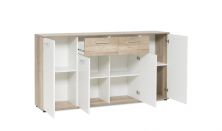 Comoda cu 2 sertare, 4 usi, 160x85x35 cm, stejar sonoma/alb, pentru dormitor, living, hol sau birou, Bortis Impex [2]