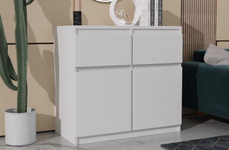 Comode - Comoda cu 2 sertare si 2 usi, moderna, fara manere, 80x85x33 cm, alb, pentru living, dormitor, hol, Bortis Impex