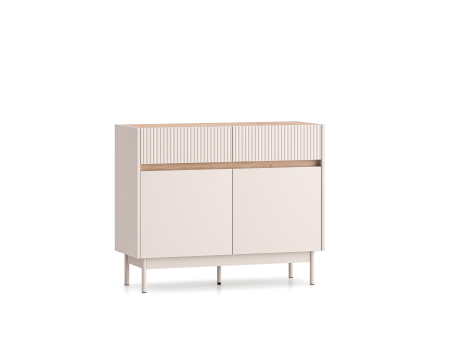 Comoda cu 2 sertare si 2 usi , pal casmir/stejar, fronturi sertare cu caneluri riflaj, 104 cm lungime x 40 cm adancimex 85 cm inaltime, pe picioare [1]