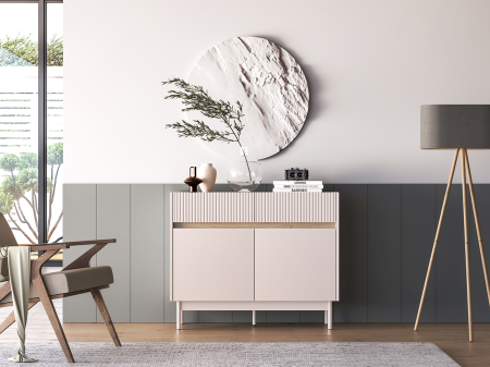 Comoda cu 2 sertare si 2 usi , pal casmir/stejar, fronturi sertare cu caneluri riflaj, 104 cm lungime x 40 cm adancimex 85 cm inaltime, pe picioare [3]