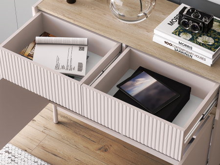 Comoda cu 2 sertare si 2 usi , pal casmir/stejar, fronturi sertare cu caneluri riflaj, 104 cm lungime x 40 cm adancimex 85 cm inaltime, pe picioare [6]