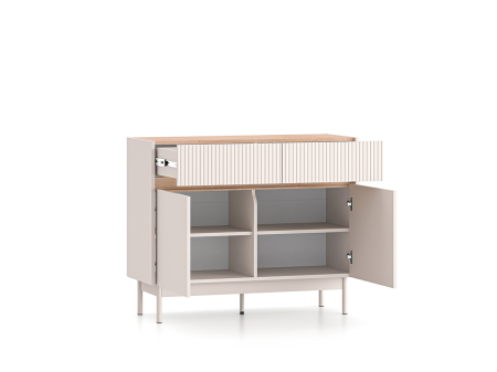 Comode lux-ultramoderne - Comoda cu 2 sertare si 2 usi , pal casmir/stejar, fronturi sertare cu caneluri riflaj, 104 cm lungime x 40 cm adancimex 85 cm inaltime, pe picioare