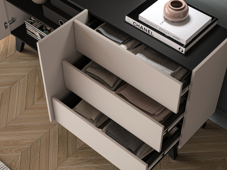 Comoda cu 2 usi si 3 sertare , pal casmir/negru, pe picioare, 160cm lungime x 40cm adancime x 85 cm inaltime, deschidere push open, canturi abs, inchidere  usi silentioasa [7]