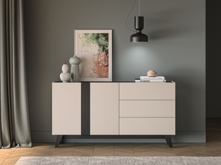 Toate Produsele - Comoda cu 2 usi si 3 sertare , pal casmir/negru, pe picioare, 160cm lungime x 40cm adancime x 85 cm inaltime, deschidere push open, canturi abs, inchidere  usi silentioasa