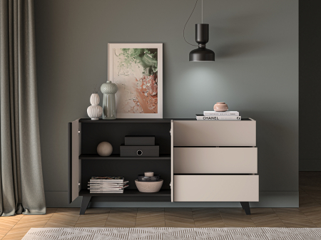 Comoda cu 2 usi si 3 sertare , pal casmir/negru, pe picioare, 160cm lungime x 40cm adancime x 85 cm inaltime, deschidere push open, canturi abs, inchidere  usi silentioasa [2]