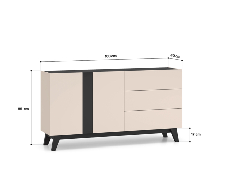 Comoda cu 2 usi si 3 sertare , pal casmir/negru, pe picioare, 160cm lungime x 40cm adancime x 85 cm inaltime, deschidere push open, canturi abs, inchidere  usi silentioasa [4]