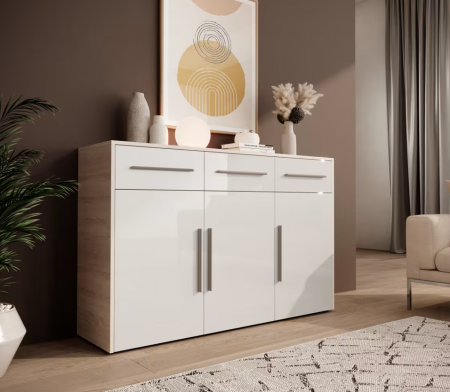 Comode lux-ultramoderne - Comoda cu 3 sertare, 3 usi, pentru  dormitor /camera de zi/hol, alb lucios /stejar sonoma , 130 cm lungime, 39 cm adancime x 98cm inaltime,