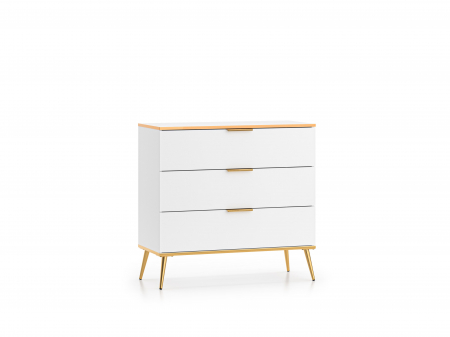 Comode lux-ultramoderne - Comoda cu 3 sertare,  moderna/lux ,pal alb alpin /auriu , picioare si manere auriu, 92 cm x 88 x 40 cm, spatioasa , pentru living, dormitor , spatiu comercial, hol