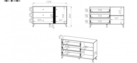Comoda cu 3 sertare si 1 usa, stejar artisan/negru, 138x83x40 cm, modern ,model pe mijloc usa, picioare negre , pentru living , dormitor, hol [6]