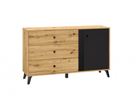 Comode lux-ultramoderne - Comoda cu 3 sertare si 1 usa, stejar artisan/negru, 138x83x40 cm, modern ,model pe mijloc usa, picioare negre , pentru living , dormitor, hol