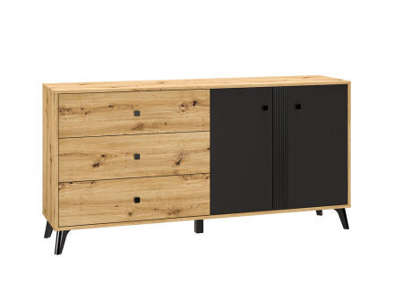 Comode lux-ultramoderne - Comoda cu 3 sertare si 2 usi, stejar artisan/negru, 165x83x40 cm, modern ,model pe mijloc usa, picioare negre , pentru living , dormitor, hol