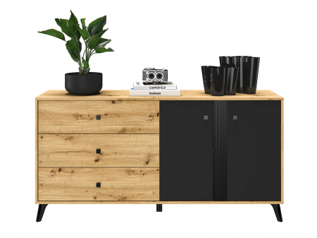 Comoda cu 3 sertare si 2 usi, stejar artisan/negru, 165x83x40 cm, modern ,model pe mijloc usa, picioare negre , pentru living , dormitor, hol [4]