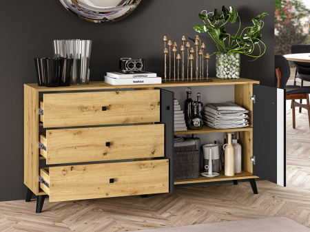 Comoda cu 3 sertare si 2 usi, stejar artisan/negru, 165x83x40 cm, modern ,model pe mijloc usa, picioare negre , pentru living , dormitor, hol [2]