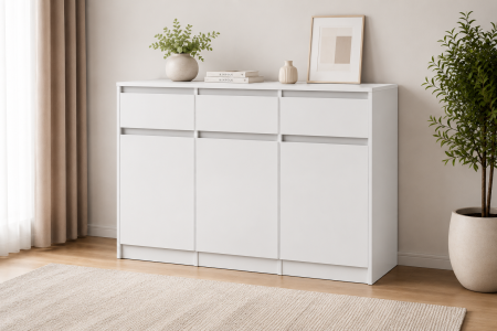Comoda cu 3 sertare si 3 usi, moderna, fara manere, 120x85x33 cm, alb, pentru living, dormitor, hol, Bortis Impex [1]