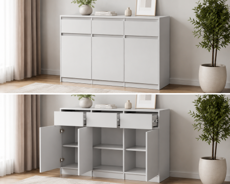 Toate Produsele - Comoda cu 3 sertare si 3 usi, moderna, fara manere, 120x85x33 cm, alb, pentru living, dormitor, hol, Bortis Impex