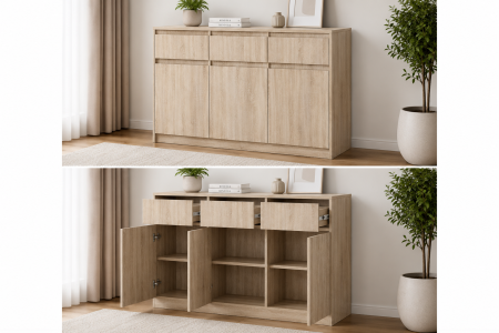 Toate Produsele - Comoda cu 3 sertare si 3 usi, moderna, fara manere, 120x85x33 cm, stejar sonoma, pentru living, dormitor, hol, Bortis Impex