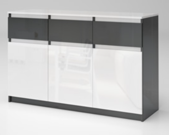 Comode lux-ultramoderne - Comoda cu 3 sertare si 3 usi , pal alb lucios si gri antracit lucios, 135x86x43 cm , usile au inchidere silentioasa, canturi abs, pentru dormitor , living , hol, Bortis