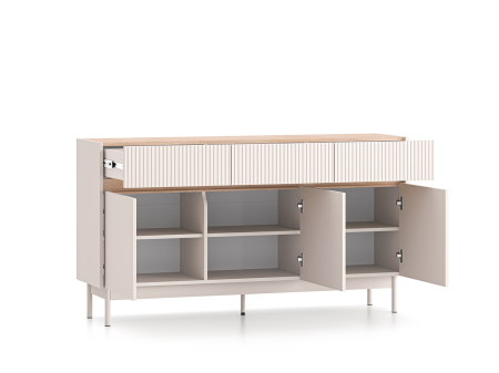 Comode lux-ultramoderne - Comoda cu 3 sertare si 3 usi , pal casmir/stejar, fronturi sertare cu caneluri riflaj, 154 cm lungime x 40 cm adancimex 85 cm inaltime, pe picioare