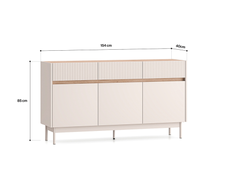 Comoda cu 3 sertare si 3 usi , pal casmir/stejar, fronturi sertare cu caneluri riflaj, 154 cm lungime x 40 cm adancimex 85 cm inaltime, pe picioare [5]