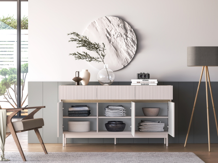 Comoda cu 3 sertare si 3 usi , pal casmir/stejar, fronturi sertare cu caneluri riflaj, 154 cm lungime x 40 cm adancimex 85 cm inaltime, pe picioare [4]