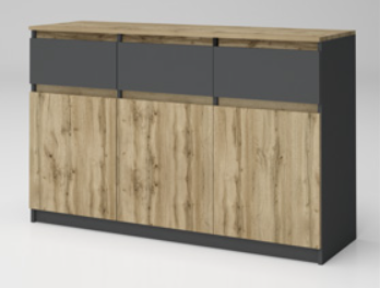 Comode lux-ultramoderne - Comoda cu 3 sertare si 3 usi , pal stejar wotan/gri antracit, 135x86x43 cm , usile au inchidere silentioasa, canturi abs, pentru dormitor , living , hol, Bortis