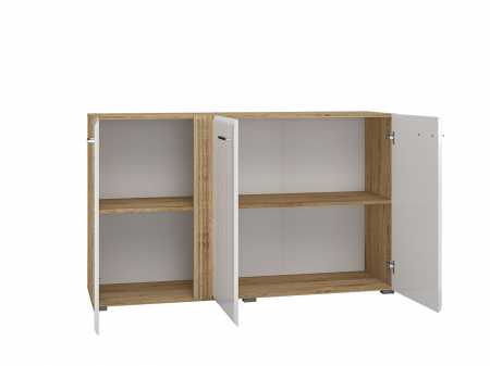 Comoda cu 3 usi, alb lucios+stejar, 150x90x42 cm, canturi abs, inchidere silentioasa usa , sertare extensie totala [6]