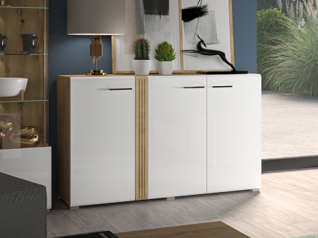 Comode - Comoda cu 3 usi, alb lucios+stejar, 150x90x42 cm, canturi abs, inchidere silentioasa usa , sertare extensie totala