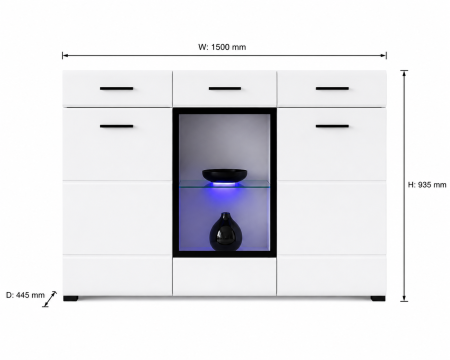 Comoda cu 3 usi si 2 sertare , 150 cm lungime x 44.5 cm adancime, pal alb si mdf lucios alb, vitrina sticla, modern, Bortis [1]
