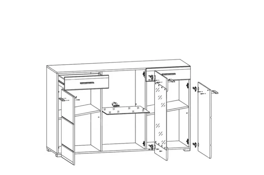 Comoda cu 3 usi si 2 sertare , 150 cm lungime x 44.5 cm adancime, pal alb si mdf lucios alb, vitrina sticla, modern, Bortis [3]