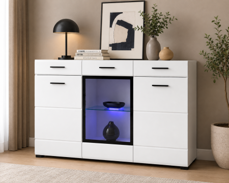 Toate Produsele - Comoda cu 3 usi si 2 sertare , 150 cm lungime x 44.5 cm adancime, pal alb si mdf lucios alb, vitrina sticla, modern, Bortis