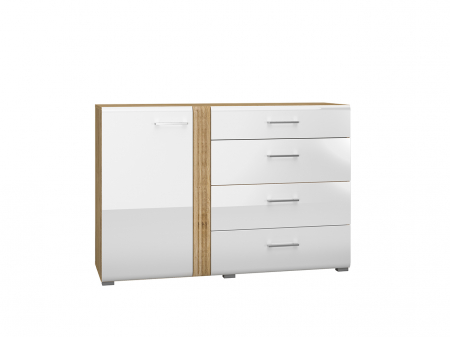 Comoda cu 4 sertare si 1 usa, alb lucios+stejar, 134x90x42 cm, canturi abs, inchidere silentioasa usa , sertare extensie totala [7]