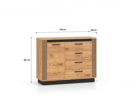 Comoda cu 4 sertare si 1 usa , stejar artisan/ insertie negru, 115x90x40 cm, modern ,model riflaj pe margini, picioare negre , pentru living , dormitor, hol [3]