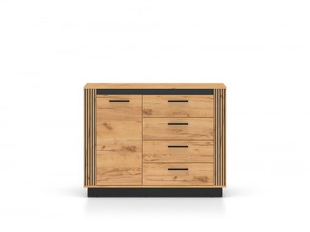 Comoda cu 4 sertare si 1 usa , stejar artisan/ insertie negru, 115x90x40 cm, modern ,model riflaj pe margini, picioare negre , pentru living , dormitor, hol [7]