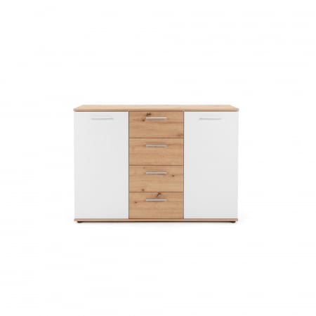 Dulapuri birou/bibliorafturi - Comoda cu 4 sertare si 2 usi, 120x85x35 cm, stejar artisan/alb, pentru dormitor, living, hol sau birou, Bortis Impex
