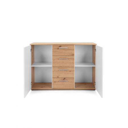 Comoda cu 4 sertare si 2 usi, 120x85x35 cm, stejar artisan/alb, pentru dormitor, living, hol sau birou, Bortis Impex [1]