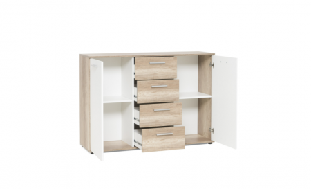 Comoda cu 4 sertare si 2 usi, 120x85x35 cm, stejar sonoma/alb, pentru dormitor, living, hol sau birou, [2]