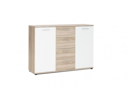 Dormitor - Comoda cu 4 sertare si 2 usi, 120x85x35 cm, stejar sonoma/alb, pentru dormitor, living, hol sau birou,