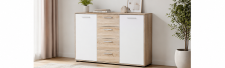 Comoda cu 4 sertare si 2 usi, 120x85x35 cm, stejar sonoma/alb, pentru dormitor, living, hol sau birou, [5]