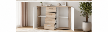 Comoda cu 4 sertare si 2 usi, 120x85x35 cm, stejar sonoma/alb, pentru dormitor, living, hol sau birou, [4]