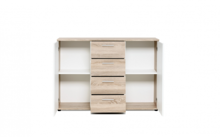 Comoda cu 4 sertare si 2 usi, 120x85x35 cm, stejar sonoma/alb, pentru dormitor, living, hol sau birou, [1]