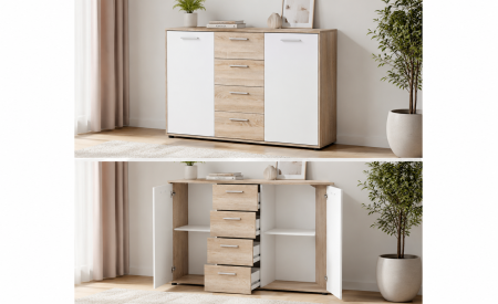 Living - Comoda cu 4 sertare si 2 usi, 120x85x35 cm, stejar sonoma/alb, pentru dormitor, living, hol sau birou,