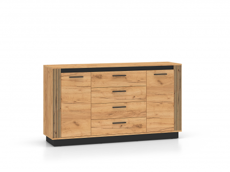 Comoda cu 4 sertare si 2 usi, stejar artisan/ insertie negru, 160x90x40 cm, modern ,model riflaj pe margini, picioare negre , pentru living , dormitor, hol [8]