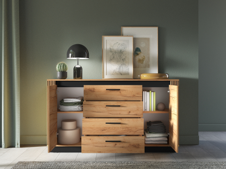 Comoda cu 4 sertare si 2 usi, stejar artisan/ insertie negru, 160x90x40 cm, modern ,model riflaj pe margini, picioare negre , pentru living , dormitor, hol [5]