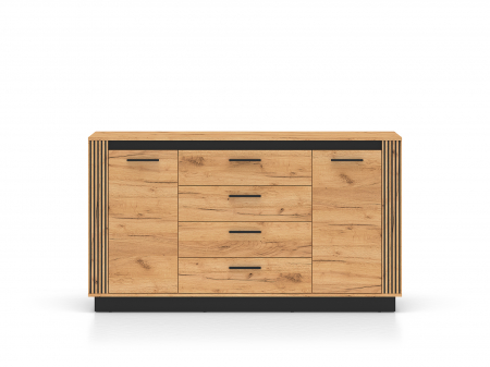 Comoda cu 4 sertare si 2 usi, stejar artisan/ insertie negru, 160x90x40 cm, modern ,model riflaj pe margini, picioare negre , pentru living , dormitor, hol [7]