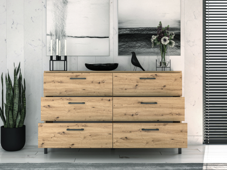 Comoda cu 6 sertare spatioase,pentru dormitor/sufragerie living/hol/birou, stejar artisan, 138x83x40 cm, cant abs, picioare negre [1]