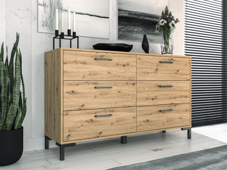 Toate Produsele - Comoda cu 6 sertare spatioase,pentru dormitor/sufragerie living/hol/birou, stejar artisan, 138x83x40 cm, cant abs, picioare negre