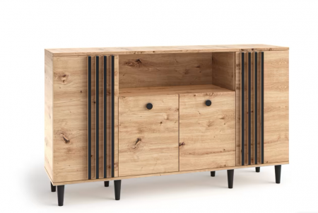 Comode - Comoda cu riflaj, 4 usi si spatiu gol, stejar artisan/negru, 160 cm lungime x 40 cm adancime x 92.5cm inaltime, picioare lemn negre, lamele riflaj negre, canturi abs