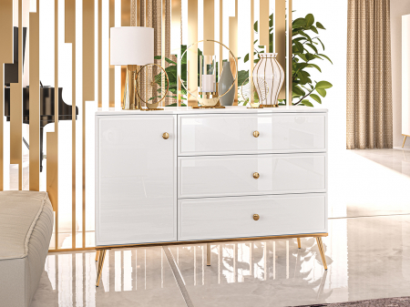 Comode lux-ultramoderne - Comoda de lux, alb/mdf alb lucios/auriu, 3 sertare si 1 usa, inchidere silentioasa/usi -sertare, 120 cm lungime, canturi abs, usi si sertare cu amortizare, lucios/ picioare , butoni auriu