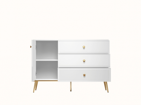 Comoda de lux, alb/mdf alb lucios/auriu, 3 sertare si 1 usa, inchidere silentioasa/usi -sertare, 120 cm lungime, canturi abs, usi si sertare cu amortizare, lucios/ picioare , butoni auriu [3]